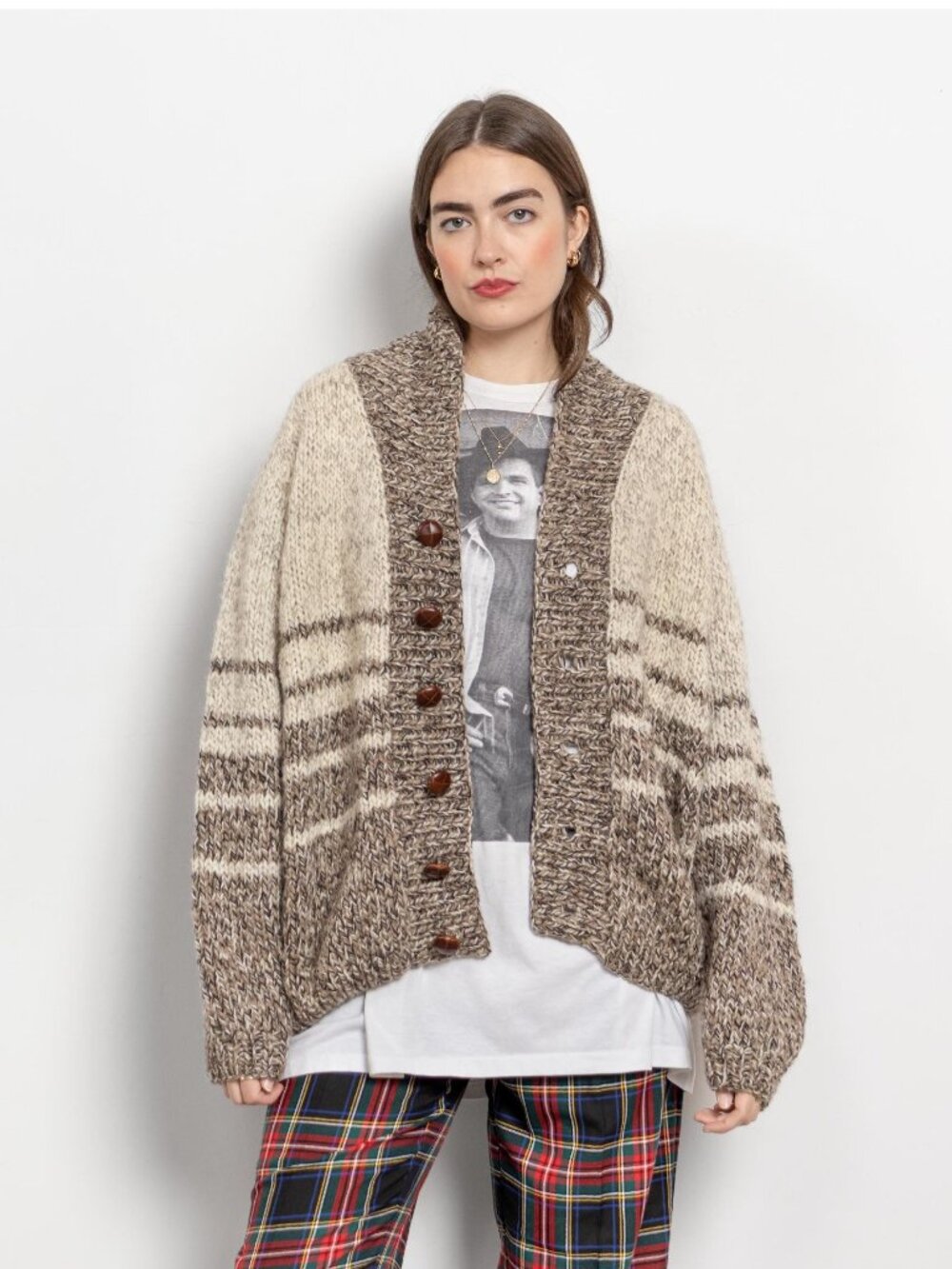 CHUNKY WOOL CARDIGAN Oversize Brown Oatmeal Beige Knit Vintage Winter / Large Xl